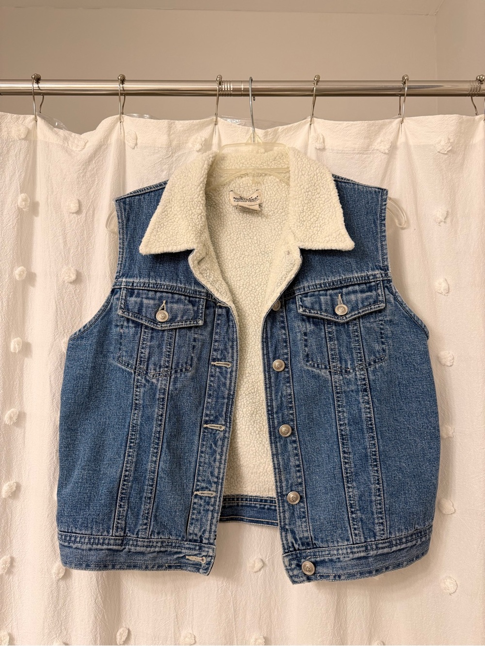 Great Northwest Clothing Company Cream Sherpa-Lined Denim Vest with Navy Logo